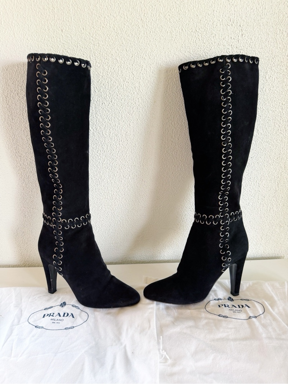 Prada Black Suede Whipstitch Eyelet Knee High Heeled Boots EU 39 - Picture 2 of 11